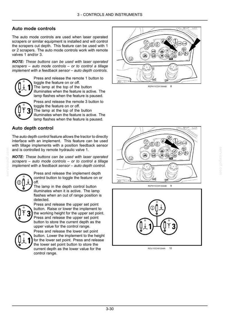 K&ouml;nnte beinhalten: Eine Seite aus einem technischen Handbuch mit dem Titel 3 - CONTROLS AND INSTRUMENTS, die Automatik- und Tiefensteuerungen f&uuml;r Traktorenger&auml;te beschreibt. Sie enth&auml;lt schwarz-wei&szlig;e Strichzeichnungen von Bedienfeldern und Text.