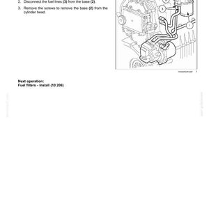 K&ouml;nnte beinhalten: Diagramm von Motor-Kraftstofffiltern mit nummerierten Komponenten. Anweisungen zum Entfernen des Filters, Trennen der Kraftstoffleitungen und Entfernen von Schrauben. Der Text oben lautet "Motor - Kraftstofffilter".