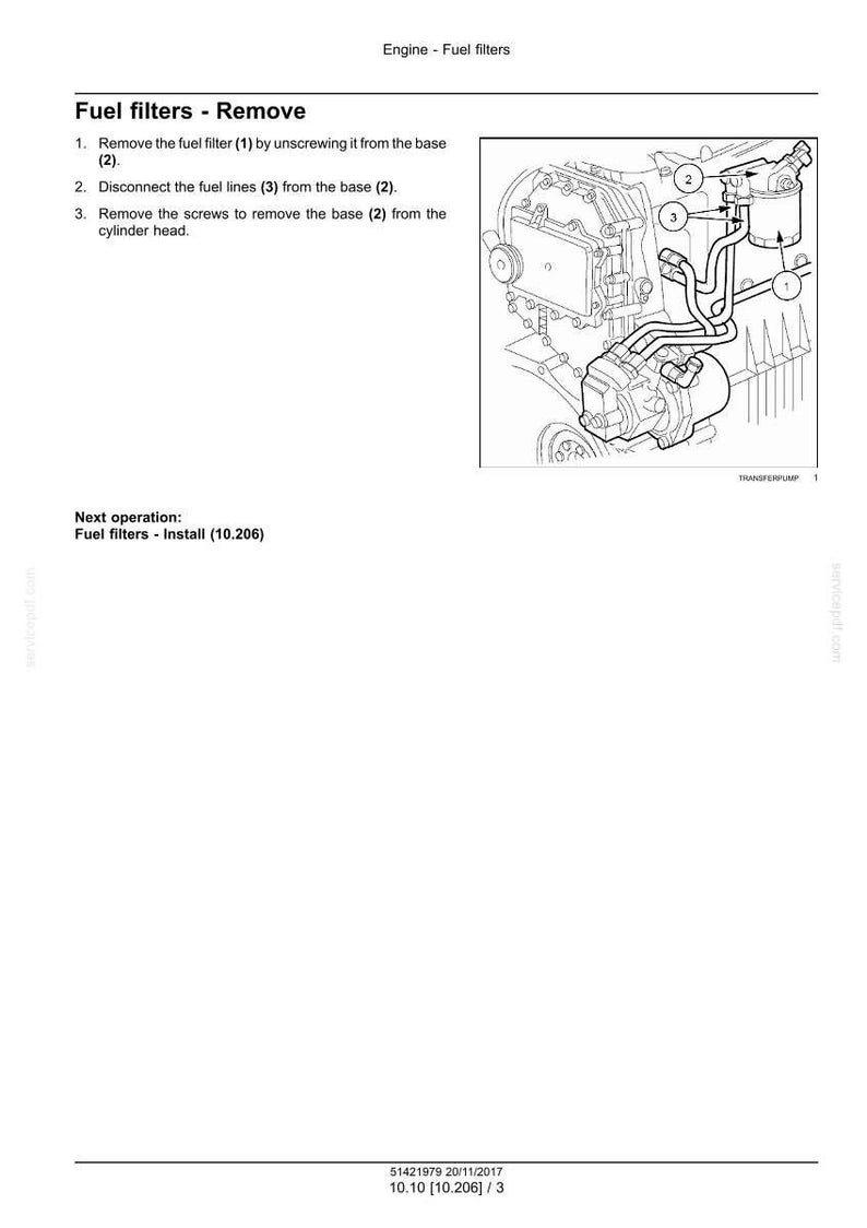 K&ouml;nnte beinhalten: Diagramm von Motor-Kraftstofffiltern mit nummerierten Komponenten. Anweisungen zum Entfernen des Filters, Trennen der Kraftstoffleitungen und Entfernen von Schrauben. Der Text oben lautet "Motor - Kraftstofffilter".
