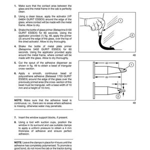 May include: Page from a manual detailing window refitting. Includes diagrams showing the application of primer and adhesive. The adhesive bead cross-section is triangular, with a base width of 10 mm and a height of 10 mm.
