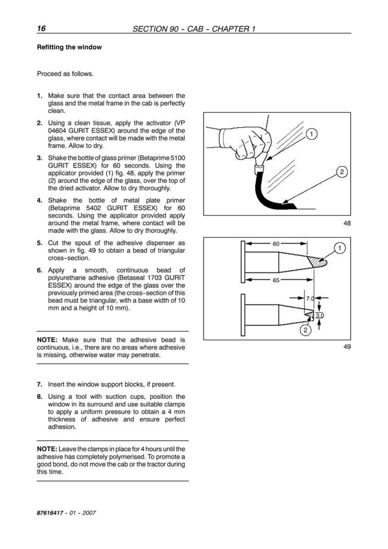 May include: Page from a manual detailing window refitting. Includes diagrams showing the application of primer and adhesive. The adhesive bead cross-section is triangular, with a base width of 10 mm and a height of 10 mm.