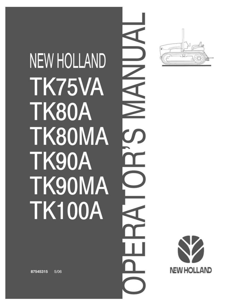 May include: A New Holland Operator's Manual for models TK75VA, TK80A, TK80MA, TK90A, TK90MA, and TK100A. The cover is dark gray with white text, featuring a line drawing of a crawler tractor at the top, the New Holland logo, and the code 87545315 5/06.