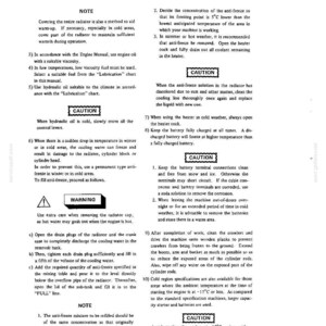 Może przedstawiać: Strona dokumentacji technicznej o numerze 3-14 zawierająca instrukcje konserwacji maszyn w niskich temperaturach. Tekst zawiera sekcje zatytułowane NOTE, CAUTION i WARNING, szczeg&oacute;łowo opisujące procedury dotyczące chłodnic i akumulator&oacute;w.