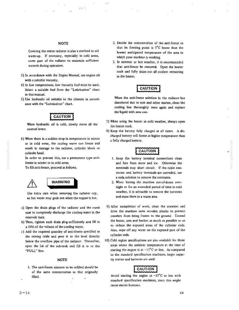 Może przedstawiać: Strona dokumentacji technicznej o numerze 3-14 zawierająca instrukcje konserwacji maszyn w niskich temperaturach. Tekst zawiera sekcje zatytułowane NOTE, CAUTION i WARNING, szczeg&oacute;łowo opisujące procedury dotyczące chłodnic i akumulator&oacute;w.