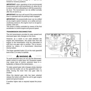 Op de afbeelding: Een technische handleidingspagina getiteld SECTION 21 - TRANSMISSION, met tekstinstructies en een zwart-witte lijntekening van een versnellingspook. Het diagram labelt de versnellingspook als 1 en een knop als 2, met een 1-2-3-4 versnellingspatroon.