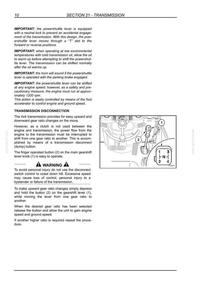 Op de afbeelding: Een technische handleidingspagina getiteld SECTION 21 - TRANSMISSION, met tekstinstructies en een zwart-witte lijntekening van een versnellingspook. Het diagram labelt de versnellingspook als 1 en een knop als 2, met een 1-2-3-4 versnellingspatroon.