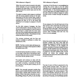 Op de afbeelding: Een pagina uit een handleiding getiteld 'HOOFDSTUK 1' met tekst die het heffen en laten zakken van een mechanisme beschrijft. De tekst bevat technische details over regelkleppen, pilotcircuits en oliedoorstroming, met verwijzingen naar figuren 2 en 3.