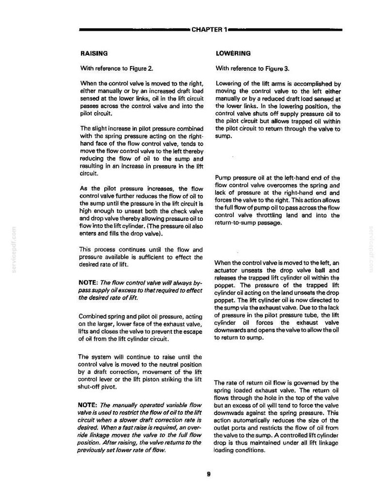 Op de afbeelding: Een pagina uit een handleiding getiteld 'HOOFDSTUK 1' met tekst die het heffen en laten zakken van een mechanisme beschrijft. De tekst bevat technische details over regelkleppen, pilotcircuits en oliedoorstroming, met verwijzingen naar figuren 2 en 3.