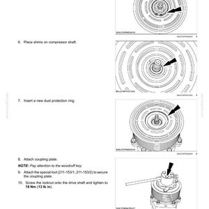 May include: Diagrams illustrating the steps for cab climate control and air conditioning repair. Includes instructions for inserting a circlip, placing shims, inserting a dust protection ring, and attaching a coupling plate. Text includes torque specifications.