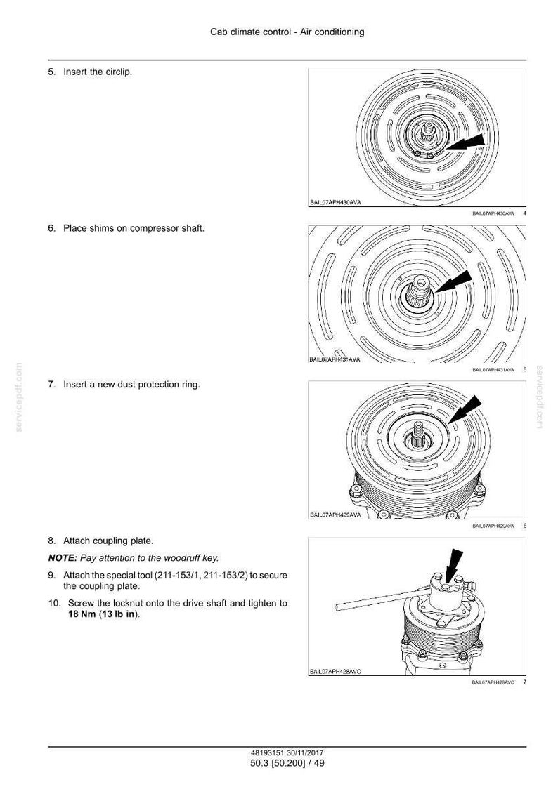 May include: Diagrams illustrating the steps for cab climate control and air conditioning repair. Includes instructions for inserting a circlip, placing shims, inserting a dust protection ring, and attaching a coupling plate. Text includes torque specifications.