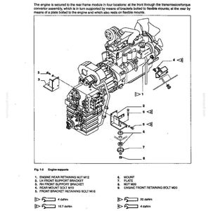 May include: Diagram of an engine with various labeled components, including brackets, bolts, and nuts. The text reads "ENGINE SUPPORTS" and lists parts like "REAR RETAINING NUT" and "FRONT SUPPORT BRACKET". Measurements are provided in daNm.