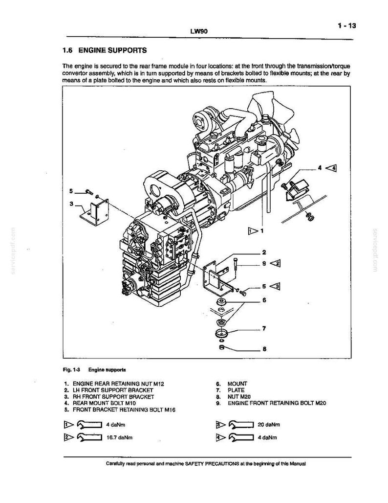 May include: Diagram of an engine with various labeled components, including brackets, bolts, and nuts. The text reads "ENGINE SUPPORTS" and lists parts like "REAR RETAINING NUT" and "FRONT SUPPORT BRACKET". Measurements are provided in daNm.