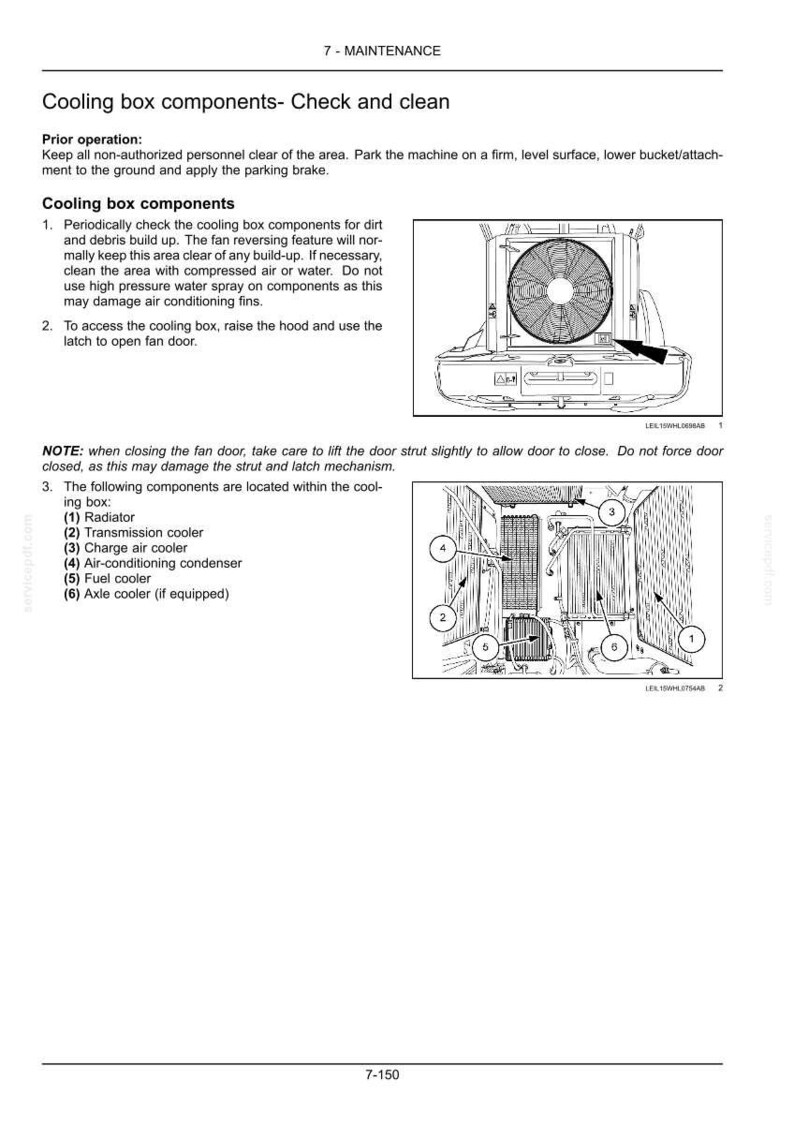 May include: Diagram of cooling box components with labels and instructions for maintenance. Includes a radiator, transmission cooler, charge air cooler, air-conditioning condenser, fuel cooler, and axle cooler.