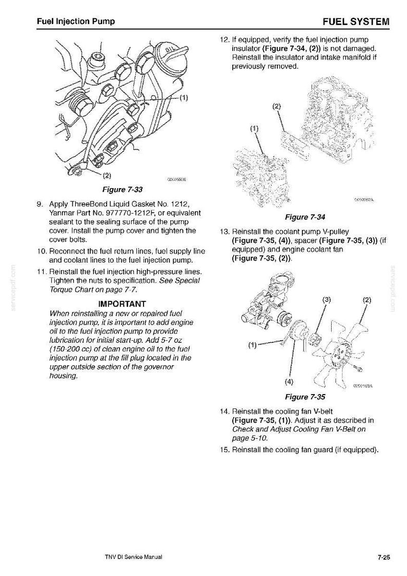 May include: Diagram of a fuel injection pump with labels and instructions. Includes figures 7-33, 7-34, and 7-35, with detailed views of components and assembly steps. Text includes part numbers and torque specifications.