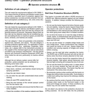 Puede incluir: Una p&aacute;gina de documento en blanco y negro titulada 2 - SAFETY INFORMATION, que detalla las estructuras de protecci&oacute;n del operador, ROPS y las definiciones de las categor&iacute;as de cabina. El texto proporciona reglas de seguridad para tractores.