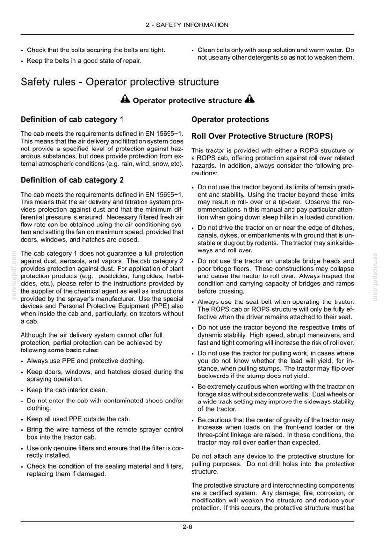 Puede incluir: Una p&aacute;gina de documento en blanco y negro titulada 2 - SAFETY INFORMATION, que detalla las estructuras de protecci&oacute;n del operador, ROPS y las definiciones de las categor&iacute;as de cabina. El texto proporciona reglas de seguridad para tractores.