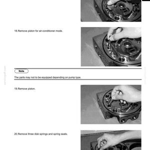 May include: A black and white technical manual page titled 33. UPPER SLEWING STRUCTURE. It displays four instructional steps for removing mechanical components from a pump, including a cylinder, parallel pin, piston, and disk springs with seats.