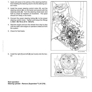 May include: Diagram of power steering control valve installation on a tractor. Instructions include connecting tubing, securing the motor, and checking for leaks. Measurements are provided in lb ft.