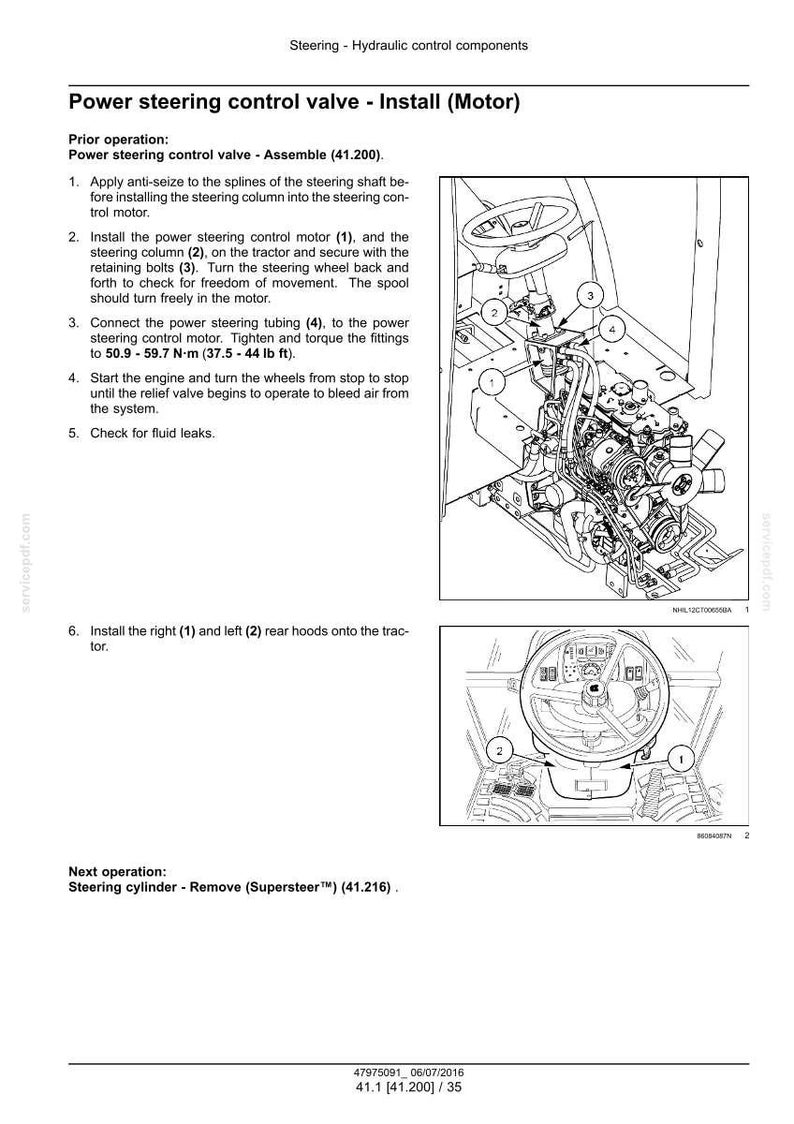 May include: Diagram of power steering control valve installation on a tractor. Instructions include connecting tubing, securing the motor, and checking for leaks. Measurements are provided in lb ft.