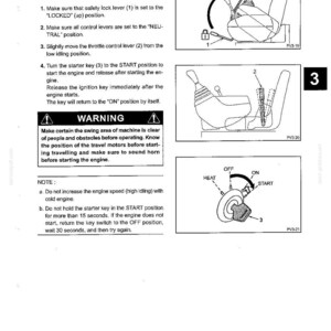 Op de afbeelding: Een pagina uit een technische handleiding getiteld BASIC MACHINE OPERATION, sectie 3.2 STARTING AND STOPPING MACHINE ENGINE. Het bevat tekstinstructies, een waarschuwingskader en drie zwart-wit lijntekeningen die een veiligheidshendel, bedieningshendels en een contactslot met posities voor HEAT, OFF, ON en START tonen.
