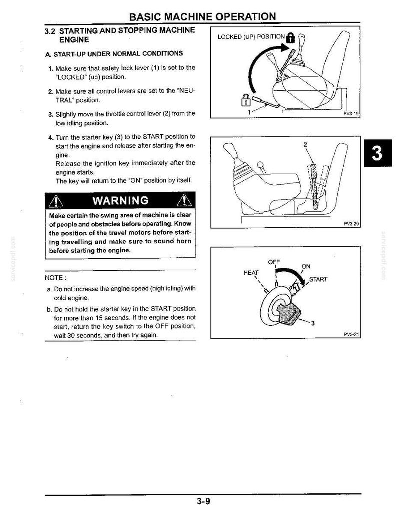 Op de afbeelding: Een pagina uit een technische handleiding getiteld BASIC MACHINE OPERATION, sectie 3.2 STARTING AND STOPPING MACHINE ENGINE. Het bevat tekstinstructies, een waarschuwingskader en drie zwart-wit lijntekeningen die een veiligheidshendel, bedieningshendels en een contactslot met posities voor HEAT, OFF, ON en START tonen.