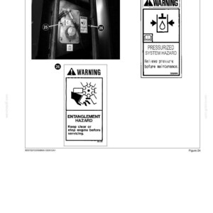 May include: Black and white safety warning decals. One warns of entanglement hazard, with text "Keep clear or stop engine before servicing." Another warns of pressurized system hazard, with instructions to relieve pressure before maintenance.