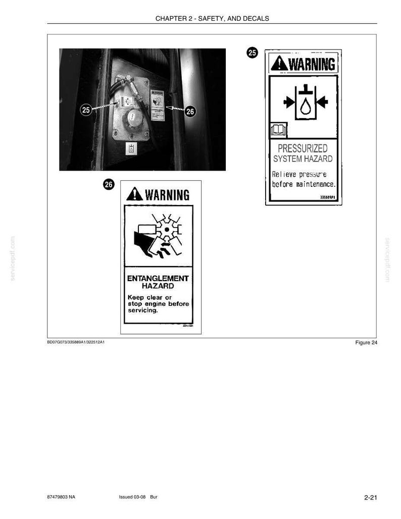 May include: Black and white safety warning decals. One warns of entanglement hazard, with text "Keep clear or stop engine before servicing." Another warns of pressurized system hazard, with instructions to relieve pressure before maintenance.