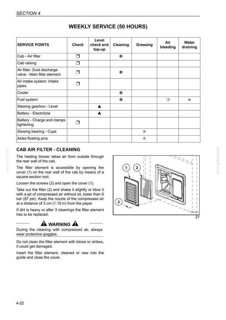 May include: Diagram of a cab air filter cleaning procedure. Includes a table detailing weekly service points and a step-by-step guide with numbered illustrations. The text includes warnings about using compressed air and protective goggles.