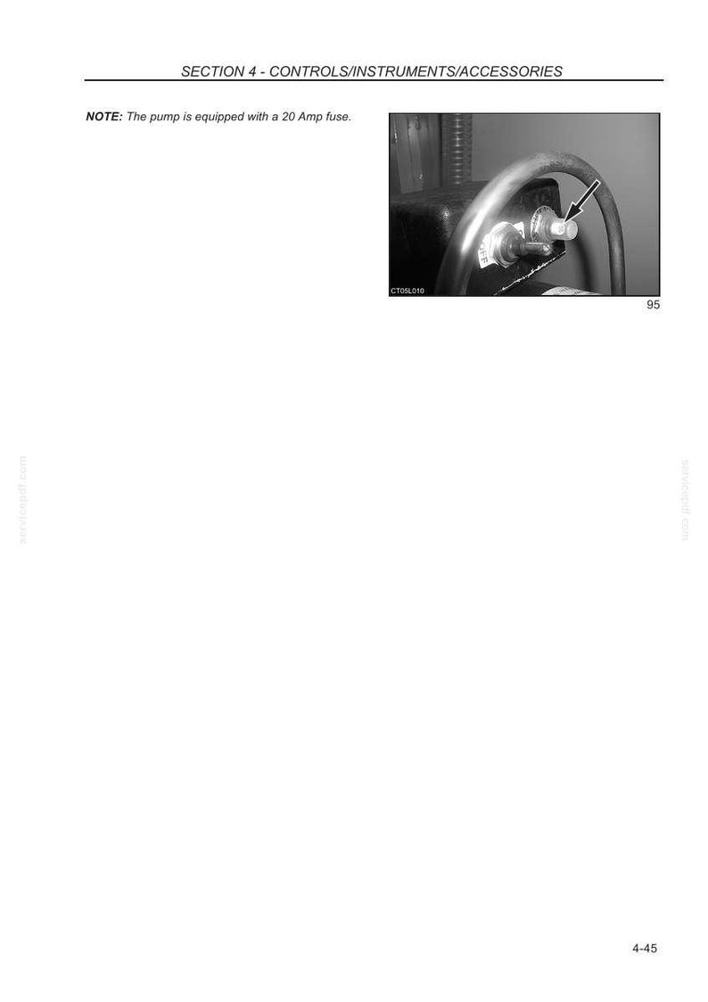 May include: Black and white image of a pump control panel. The panel includes a circular handle, a switch, and a fuse. The text "SECTION 4 - CONTROLS/INSTRUMENTS/ACCESSORIES" is at the top. The note states the pump is equipped with a 20 Amp fuse.