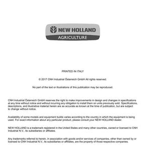 May include: A white document featuring the "NEW HOLLAND AGRICULTURE" logo in gray and white. The document includes text about technical publications and tools, copyright information, and trademark details. The document is printed in Italy.