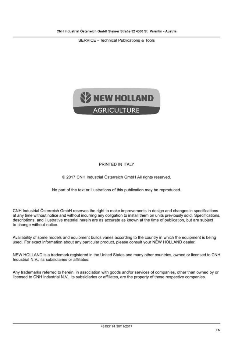 May include: A white document featuring the "NEW HOLLAND AGRICULTURE" logo in gray and white. The document includes text about technical publications and tools, copyright information, and trademark details. The document is printed in Italy.
