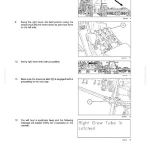 May include: A technical manual page titled FRAME POSITIONING - TRAVELLING FOLDING, featuring five black and white diagrams of agricultural machinery, numbered steps 8 through 12, and a console display box reading Right Draw Tube is Latched.