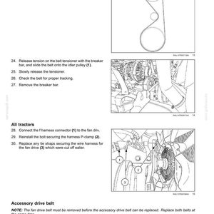 May include: A technical maintenance page titled 7 - MAINTENANCE, featuring diagrams and instructions for installing an accessory drive belt on a tractor. It includes numbered steps, a belt routing illustration, and mechanical assembly diagrams.