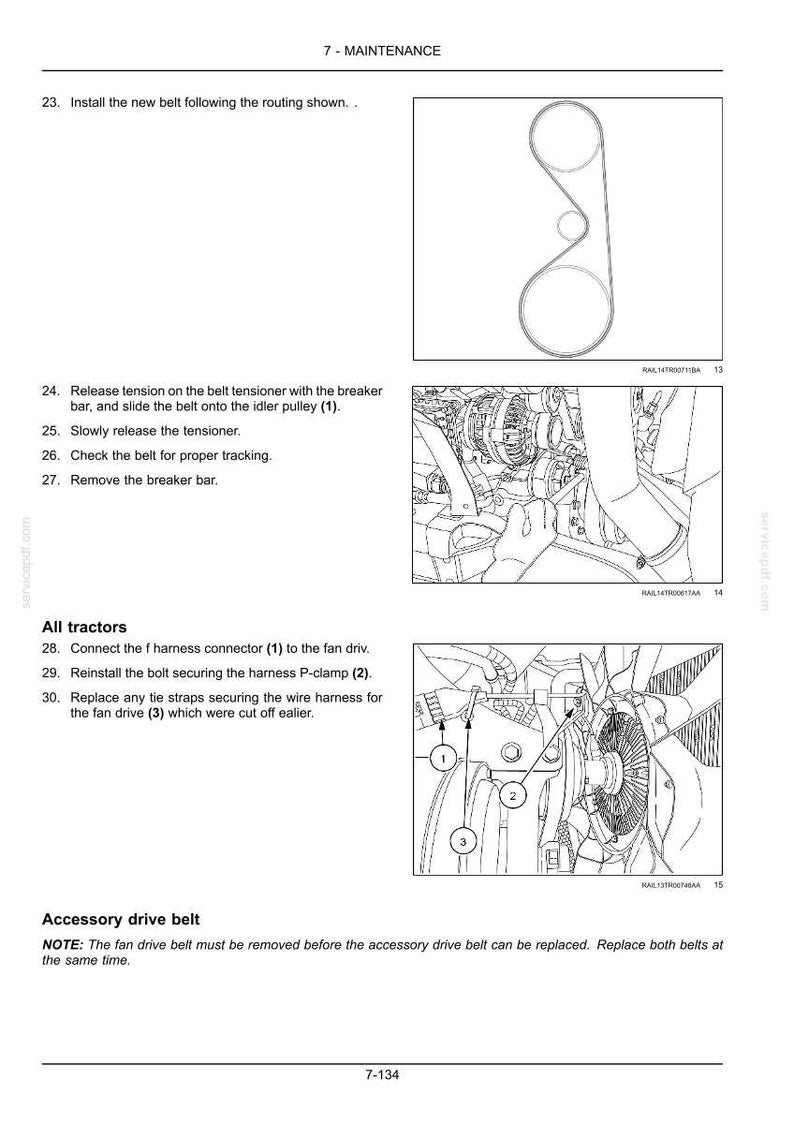 May include: A technical maintenance page titled 7 - MAINTENANCE, featuring diagrams and instructions for installing an accessory drive belt on a tractor. It includes numbered steps, a belt routing illustration, and mechanical assembly diagrams.