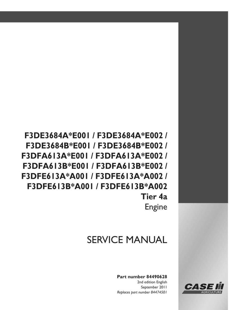May include: A white service manual with black text, including part numbers and the title "SERVICE MANUAL". The Case IH Agriculture logo is in the bottom right corner. The manual is for a Tier 4a Engine.