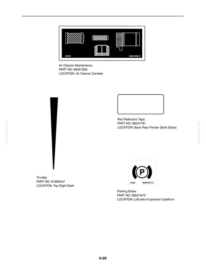 May include: A technical diagram showing four vehicle components with labels: Air Cleaner Maintenance part 86401636, Red Reflective Tape part 86547781, Throttle part 81863547, and Parking Brake part 86521672. Each item includes its specific location and part number.