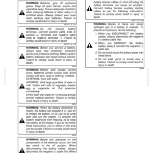 May include: A page from a manual with the title "Electrical System" and "Battery Safety." It includes several warnings about battery handling, including explosion risks, acid burns, and proper connection procedures. The text is in black.