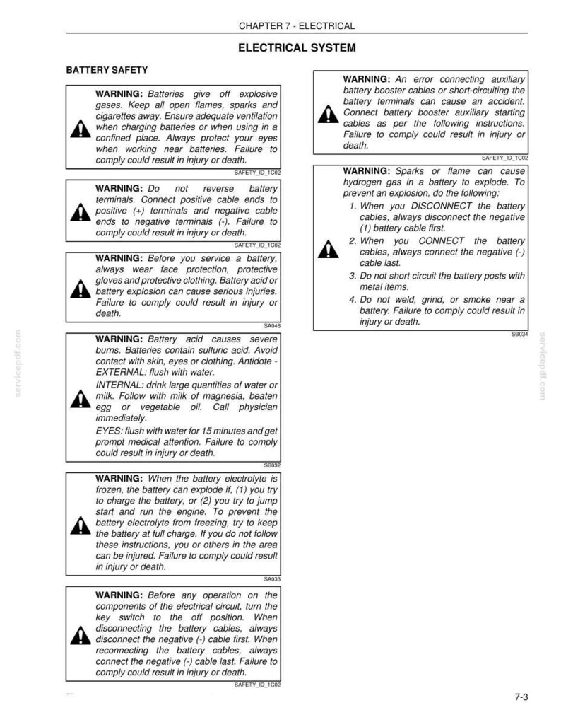 May include: A page from a manual with the title "Electrical System" and "Battery Safety." It includes several warnings about battery handling, including explosion risks, acid burns, and proper connection procedures. The text is in black.
