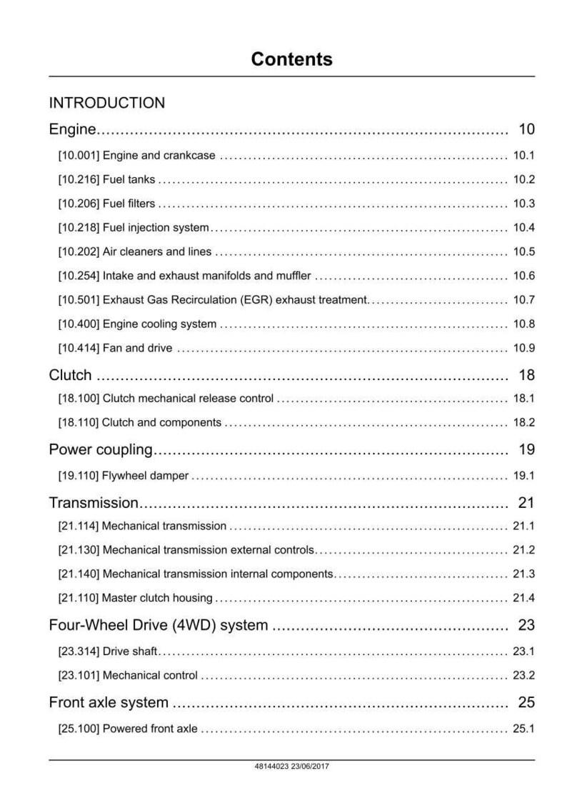 May include: A page from a manual titled "Contents" with a list of engine, clutch, and transmission components. The document includes section numbers and page numbers, with the date 23/06/2017 at the bottom.