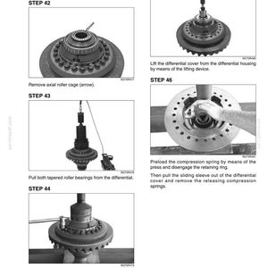May include: Diagram of a multi-disk differential lock disassembly. The image shows various steps, including removing parts, preloading components, and loosening screws. Text includes step numbers and instructions.