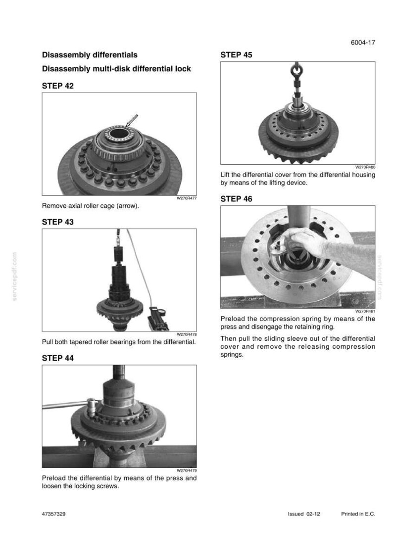 May include: Diagram of a multi-disk differential lock disassembly. The image shows various steps, including removing parts, preloading components, and loosening screws. Text includes step numbers and instructions.