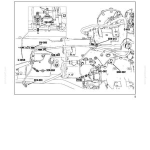 K&ouml;nnte beinhalten: Ein technisches Diagramm mit dem Titel Transmission Wiring Harness, Section 55, Chapter 6, Seite 17. Es zeigt eine schwarz-wei&szlig;e Strichzeichnung eines Fahrzeuggetriebes mit verschiedenen beschrifteten elektrischen Anschl&uuml;ssen und Sensoren wie SW-005, SEN-002, SEN-003, SEN-004, SEN-010, SOL-002, GND-002 und C-003.