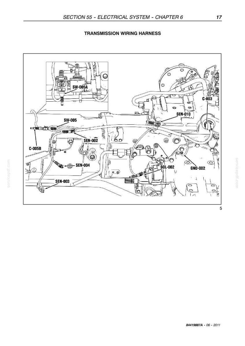 K&ouml;nnte beinhalten: Ein technisches Diagramm mit dem Titel Transmission Wiring Harness, Section 55, Chapter 6, Seite 17. Es zeigt eine schwarz-wei&szlig;e Strichzeichnung eines Fahrzeuggetriebes mit verschiedenen beschrifteten elektrischen Anschl&uuml;ssen und Sensoren wie SW-005, SEN-002, SEN-003, SEN-004, SEN-010, SOL-002, GND-002 und C-003.