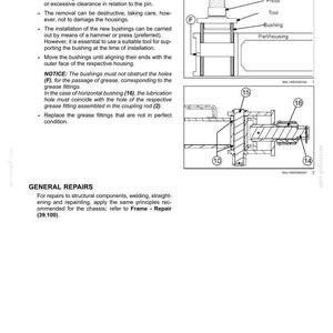 May include: Diagram of drawbars and towing hitches overhaul, with labels for bushing replacement. Includes a detailed illustration of the parts, such as the press, tool, bushing, and part/housing. Text explains the replacement process and general repairs.