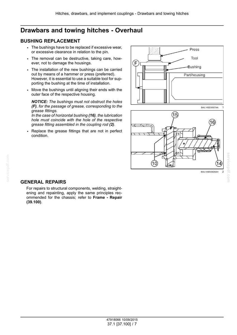 May include: Diagram of drawbars and towing hitches overhaul, with labels for bushing replacement. Includes a detailed illustration of the parts, such as the press, tool, bushing, and part/housing. Text explains the replacement process and general repairs.
