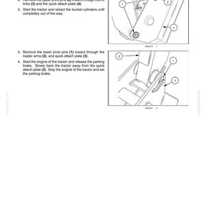 May include: A technical document page titled 3 - OPERATING INSTRUCTIONS detailing the process for removing the quick-attach plate. It includes two black and white line drawings with numbered callouts indicating specific pins and components.