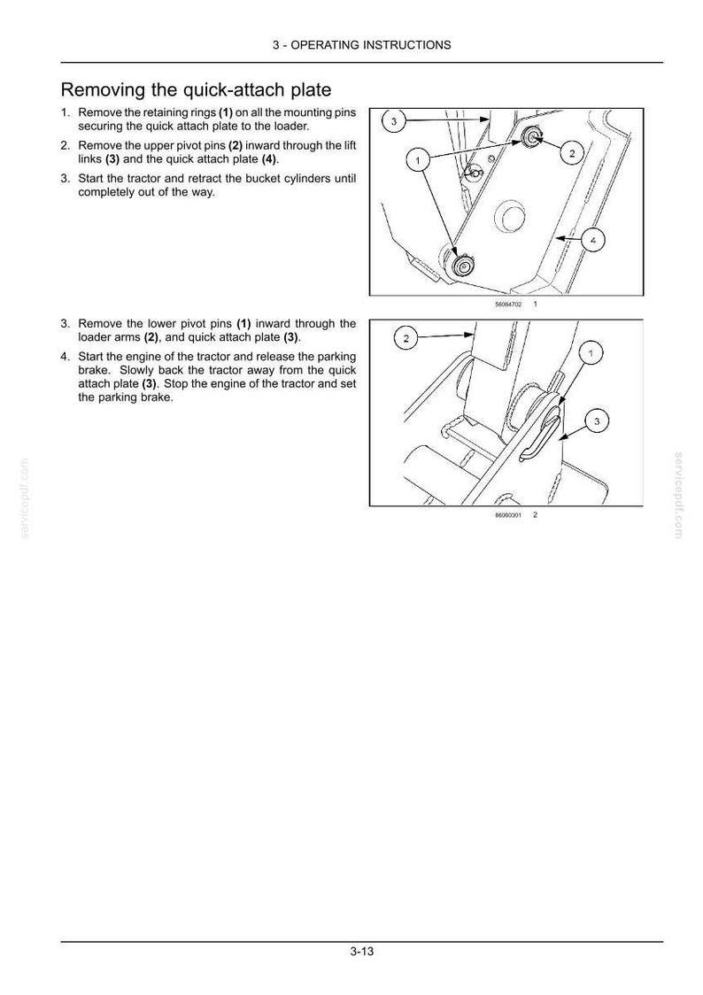 May include: A technical document page titled 3 - OPERATING INSTRUCTIONS detailing the process for removing the quick-attach plate. It includes two black and white line drawings with numbered callouts indicating specific pins and components.