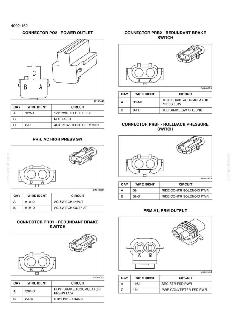 Puede incluir: Diagrama de conectores el&eacute;ctricos con etiquetas e informaci&oacute;n del circuito. Incluye los conectores PO2, PRB2, PRBF, PRH, PRB1 y PRM A1. Cada conector tiene un diagrama y una tabla con la identificaci&oacute;n de los cables y los detalles del circuito.