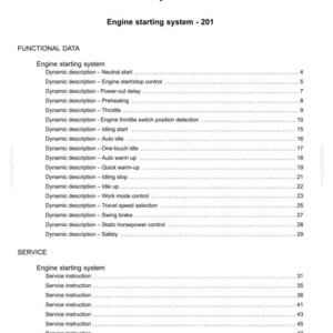 May include: A page from a manual titled "Contents" with the heading "Electrical systems - 55" and "Engine starting system - 201." The document lists functional data and service instructions for the engine starting system.