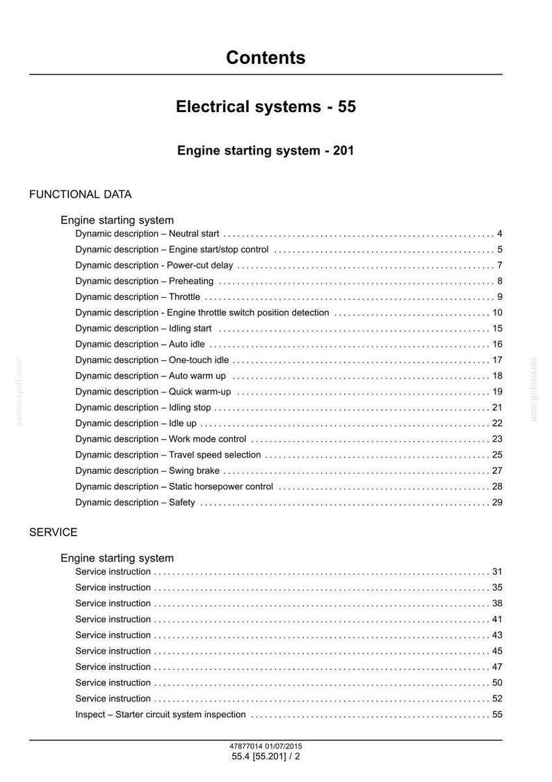May include: A page from a manual titled "Contents" with the heading "Electrical systems - 55" and "Engine starting system - 201." The document lists functional data and service instructions for the engine starting system.
